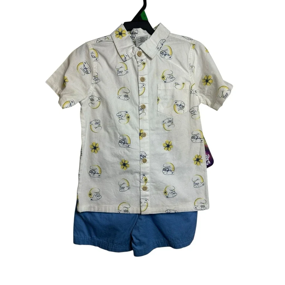 smurfs toddler boys outfit button down top short sleeve‎ & shorts size 5T